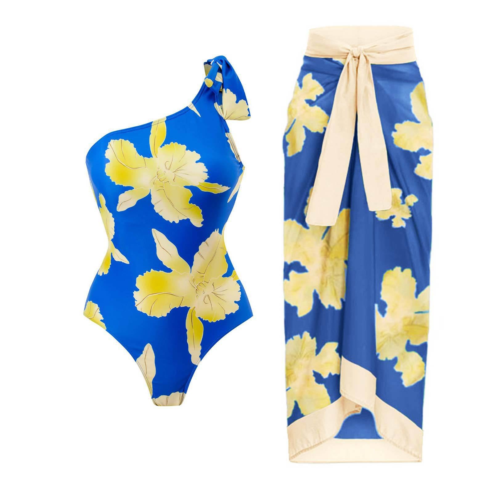 Sexy one-piece printed swimsuit women's European and American retro single shoulder swimsuit beach skirt swimsuit set
