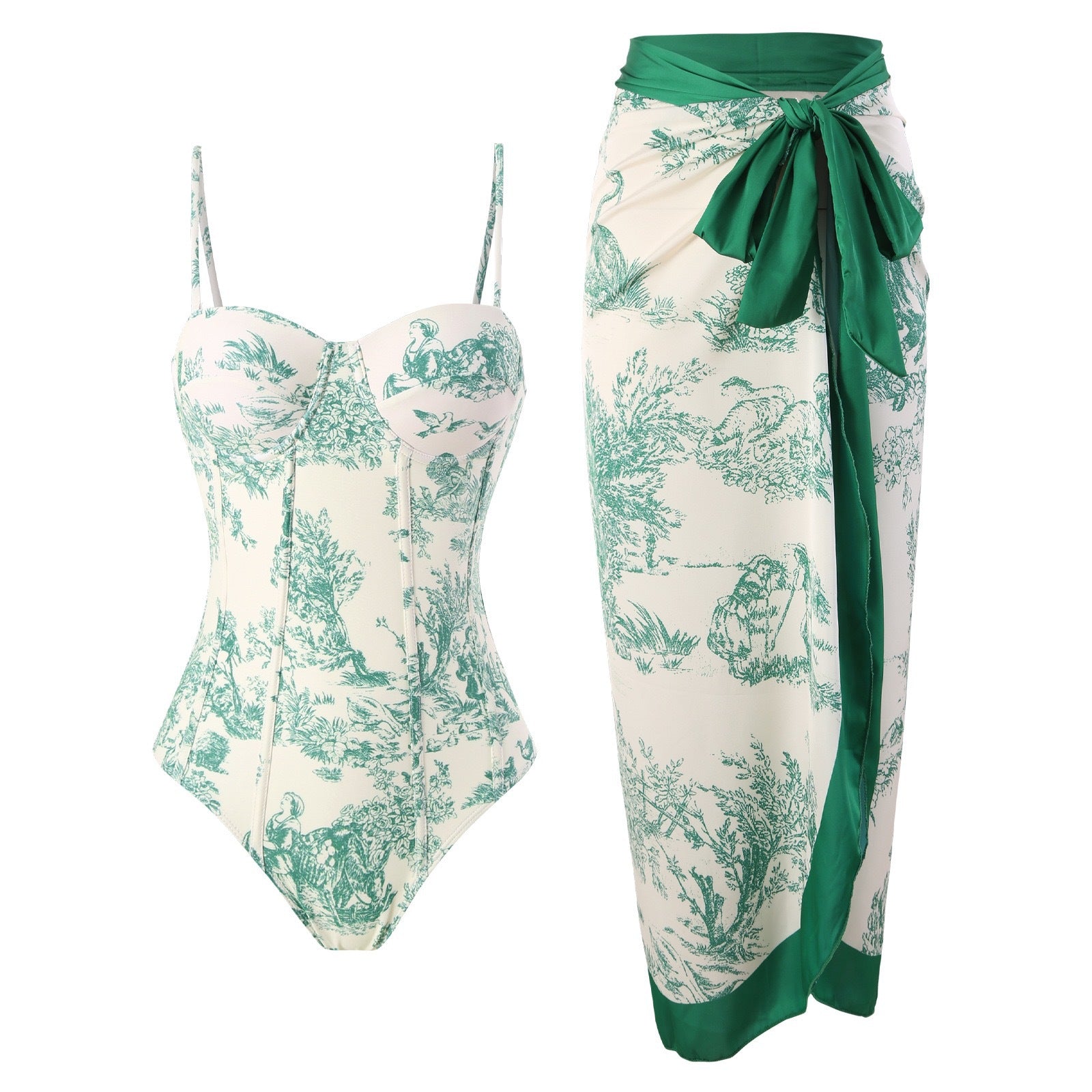 New one-piece swimsuit women's tight fitting slimming retro strap sunscreen long skirt two-piece set