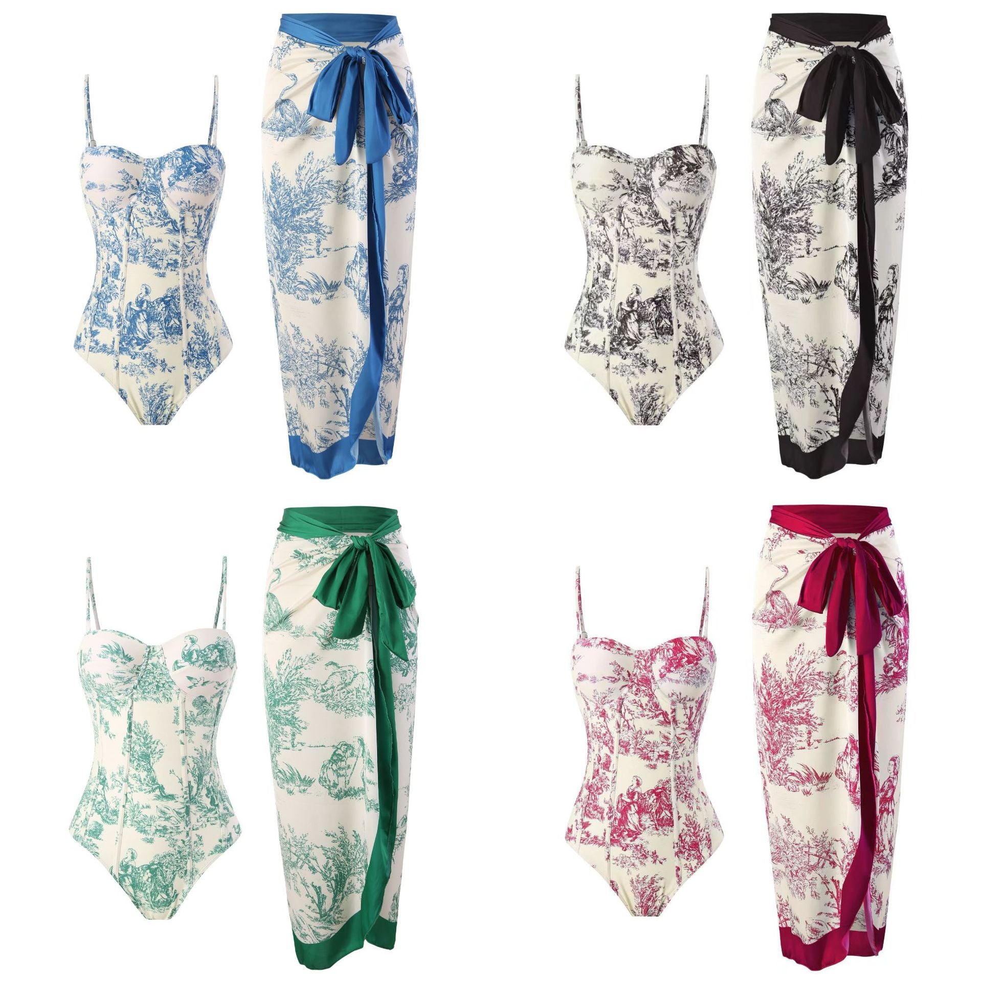 New one-piece swimsuit women's tight fitting slimming retro strap sunscreen long skirt two-piece set