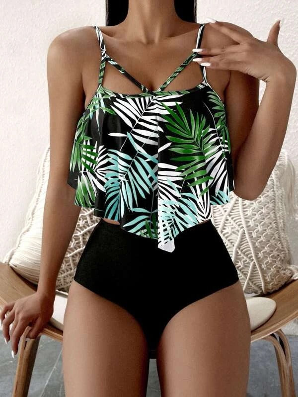 New European and American Split Swimwear Women's Printed High Waist Bikini Ruffle Edge Swimwear Bikini