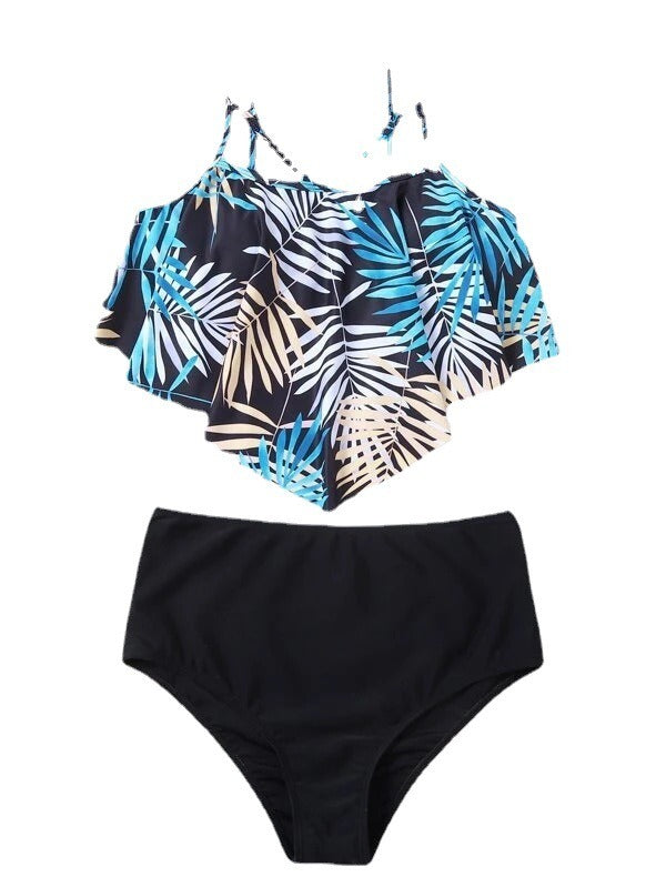 New European and American Split Swimwear Women's Printed High Waist Bikini Ruffle Edge Swimwear Bikini