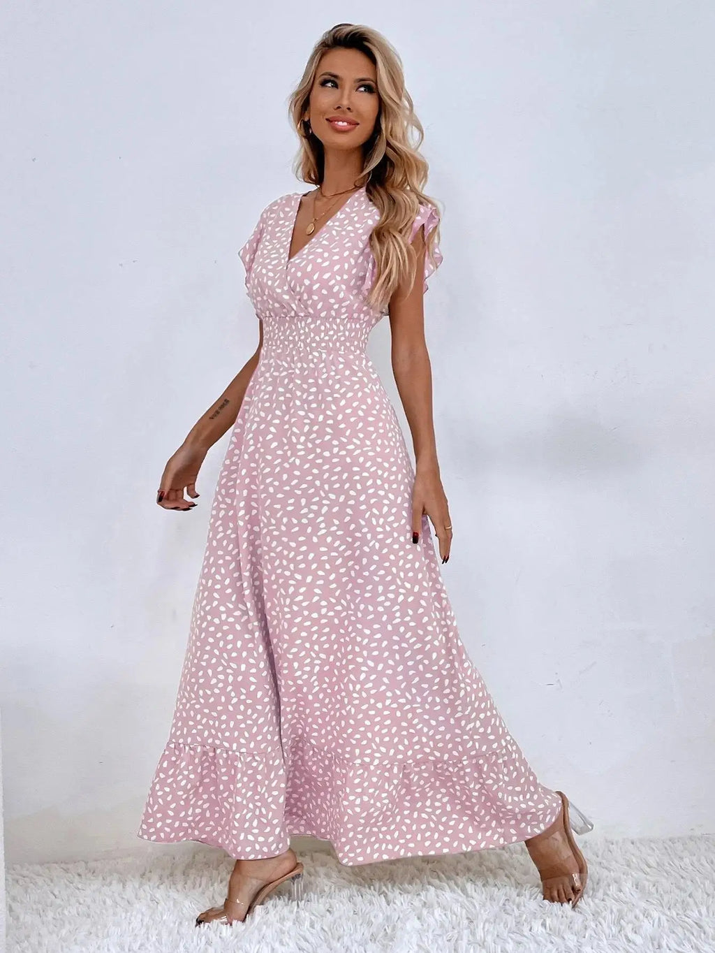 Amazon Cross border Foreign Trade European and American Women's Wear  Spring/Summer Fashion V-neck Waist Long Dress High Wai