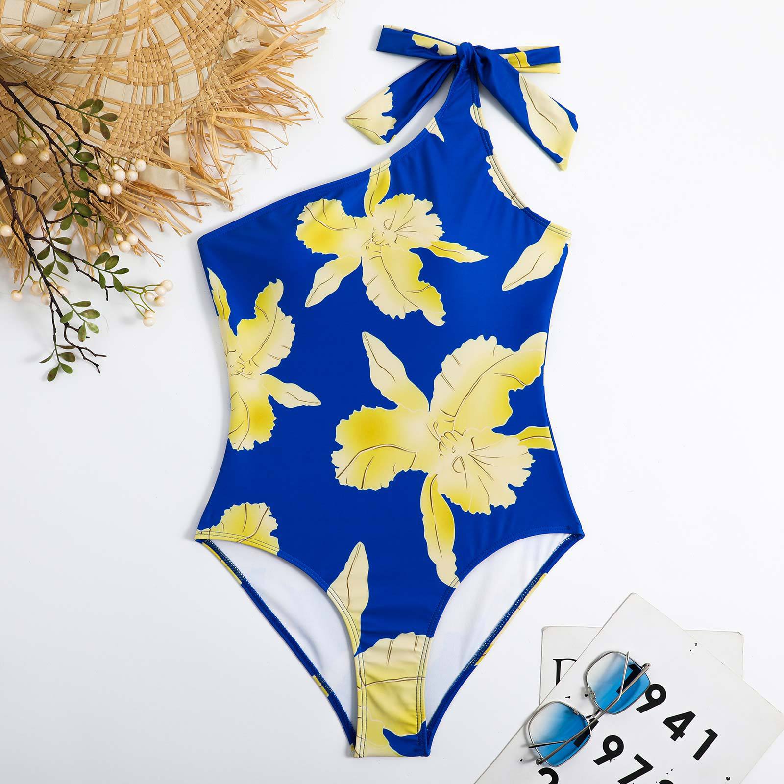Sexy one-piece printed swimsuit women's European and American retro single shoulder swimsuit beach skirt swimsuit set