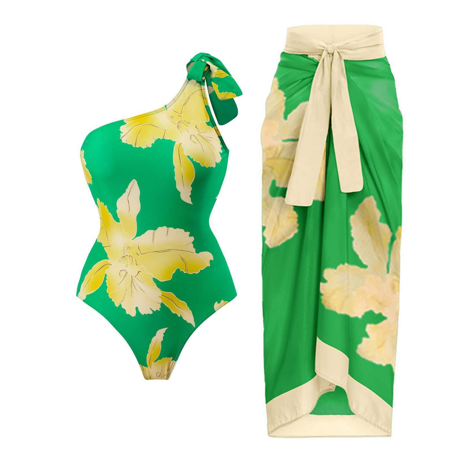 Sexy one-piece printed swimsuit women's European and American retro single shoulder swimsuit beach skirt swimsuit set