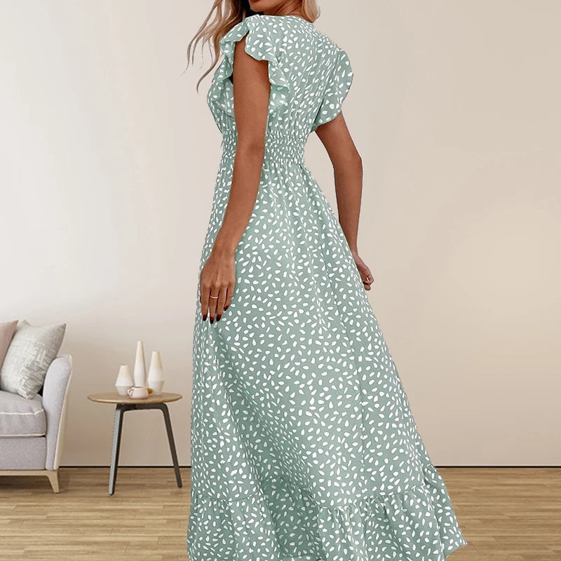 Amazon Cross border Foreign Trade European and American Women's Wear  Spring/Summer Fashion V-neck Waist Long Dress High Wai