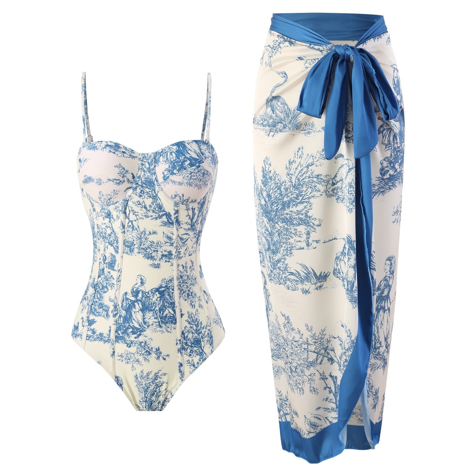 New one-piece swimsuit women's tight fitting slimming retro strap sunscreen long skirt two-piece set