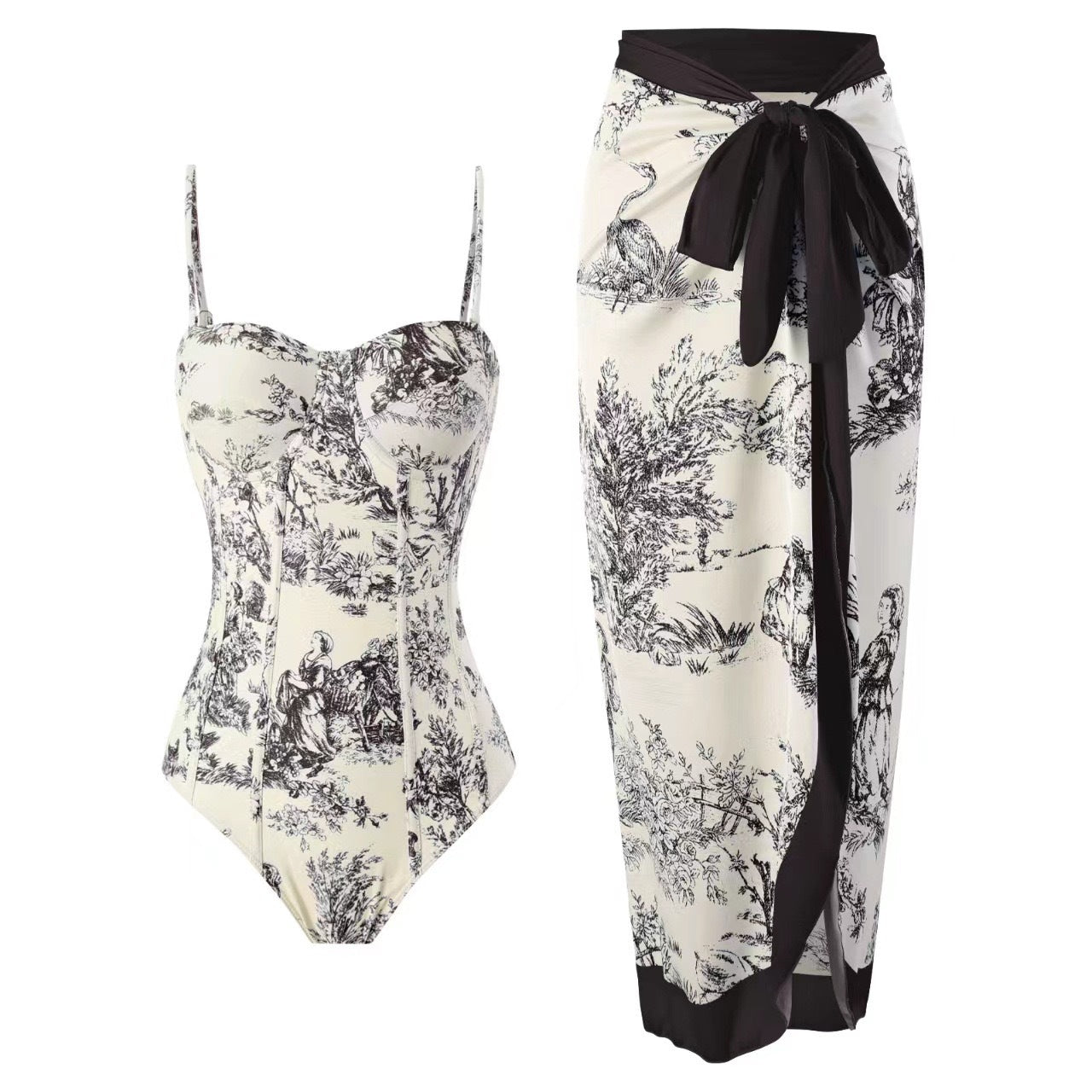 New one-piece swimsuit women's tight fitting slimming retro strap sunscreen long skirt two-piece set